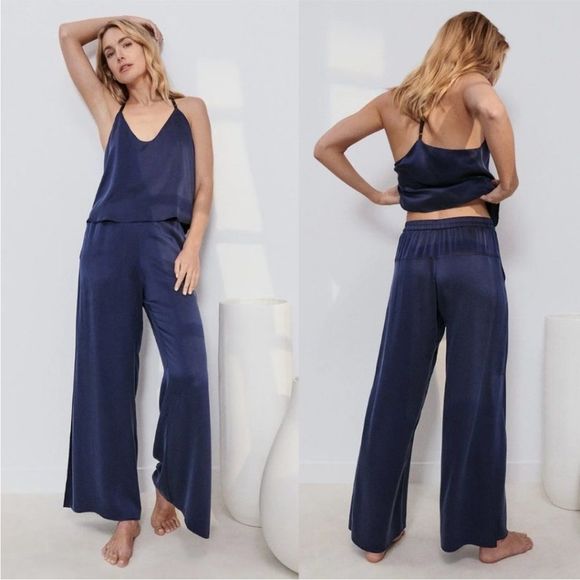 Lunya Washable Silk Cami & Pants Set Sz L Deep Blue T-back Strap - Picture 1 of 8